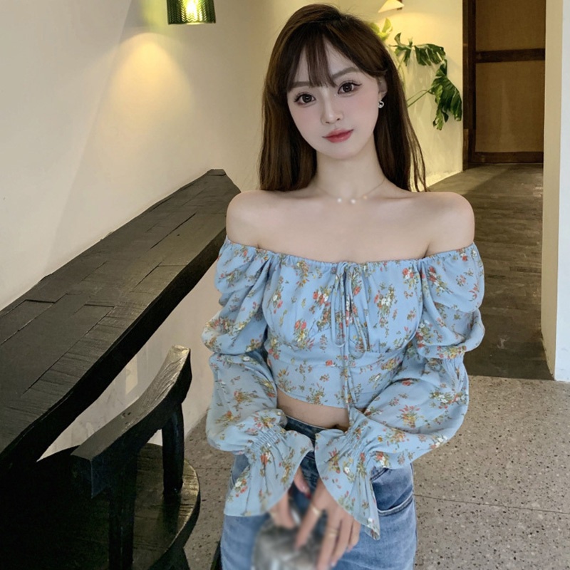 Áo Sơ Mi Croptop Tay Dài Cổ Vuông Thắt Dây In Họa Tiết Hoa Nhí Xinh Xắn Phong Cách Retro Hàn Quốc