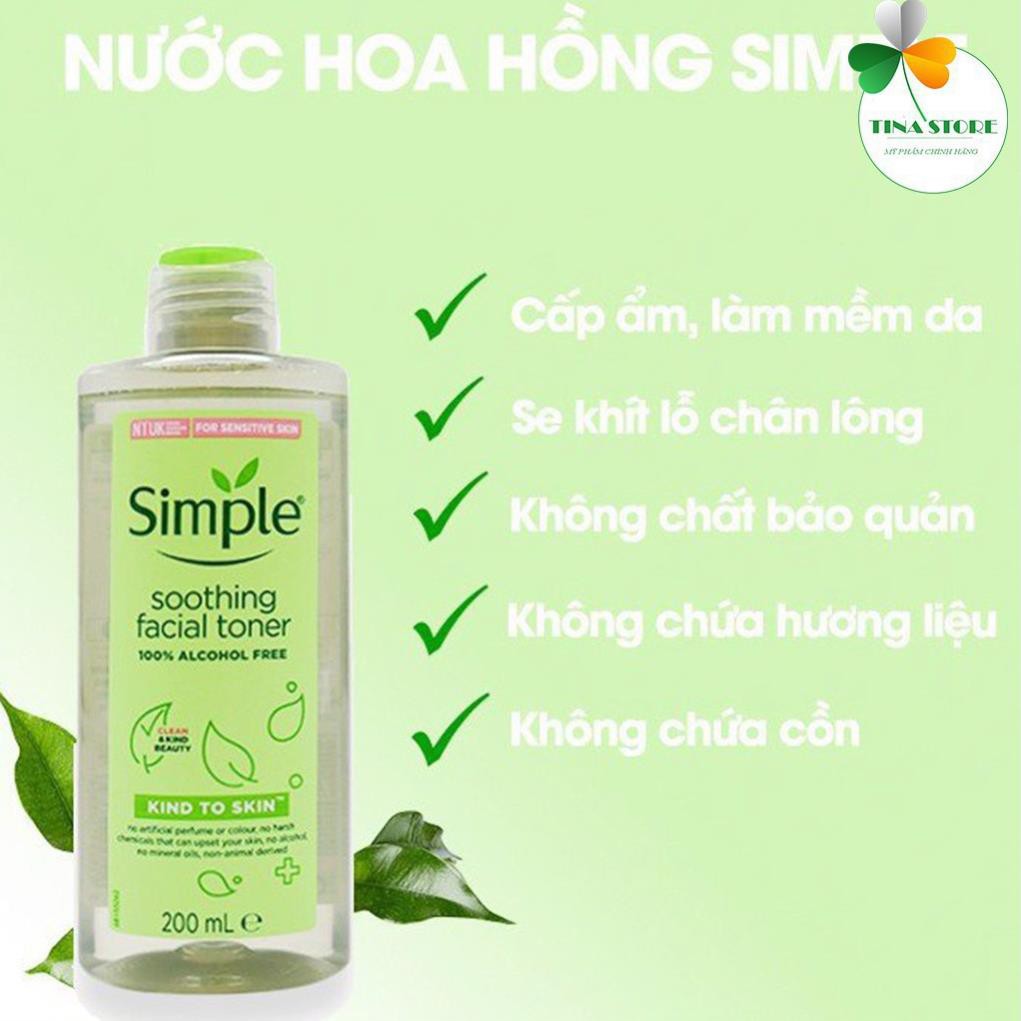 [Chính Hãng]Nước Hoa Hồng Soothing Facial Toner Simple cân bằng ẩm cho da 200ml