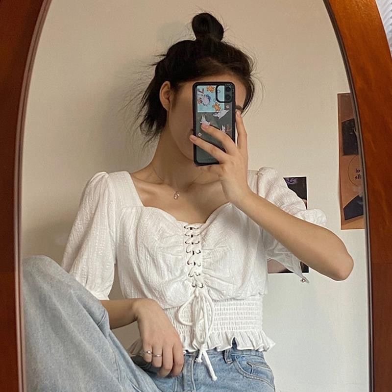 Áo Kiểu Nữ New Square Neck Blouse White Long Sleeve Women Korean Tops