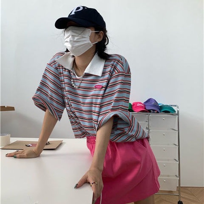 Áo Thun Tay Ngắn Họa Tiết Kẻ Sọc Phong Cách Hàn Quốc Mới