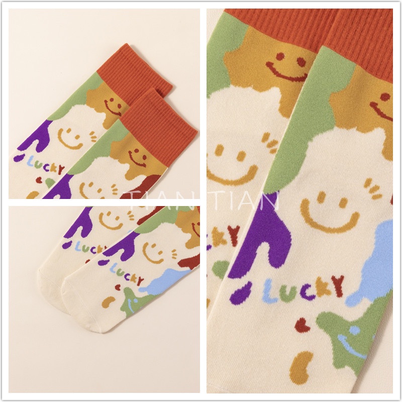 TIAN TIAN T142 Vớ Cotton Cổ Cao Vừa Tất In Họa Tiết Mặt Cười Hoạt Hình Phong Cách Hàn Quốc Thời Trang Thu Đông Cho Nữ