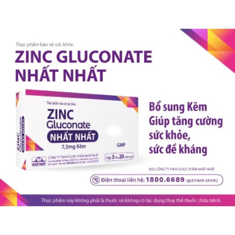 ZINC Gluconat Nhất Nhất hộp 60 viên bổ sung Kẽm hỗ trợ tăng cường sức khỏe thumbnail