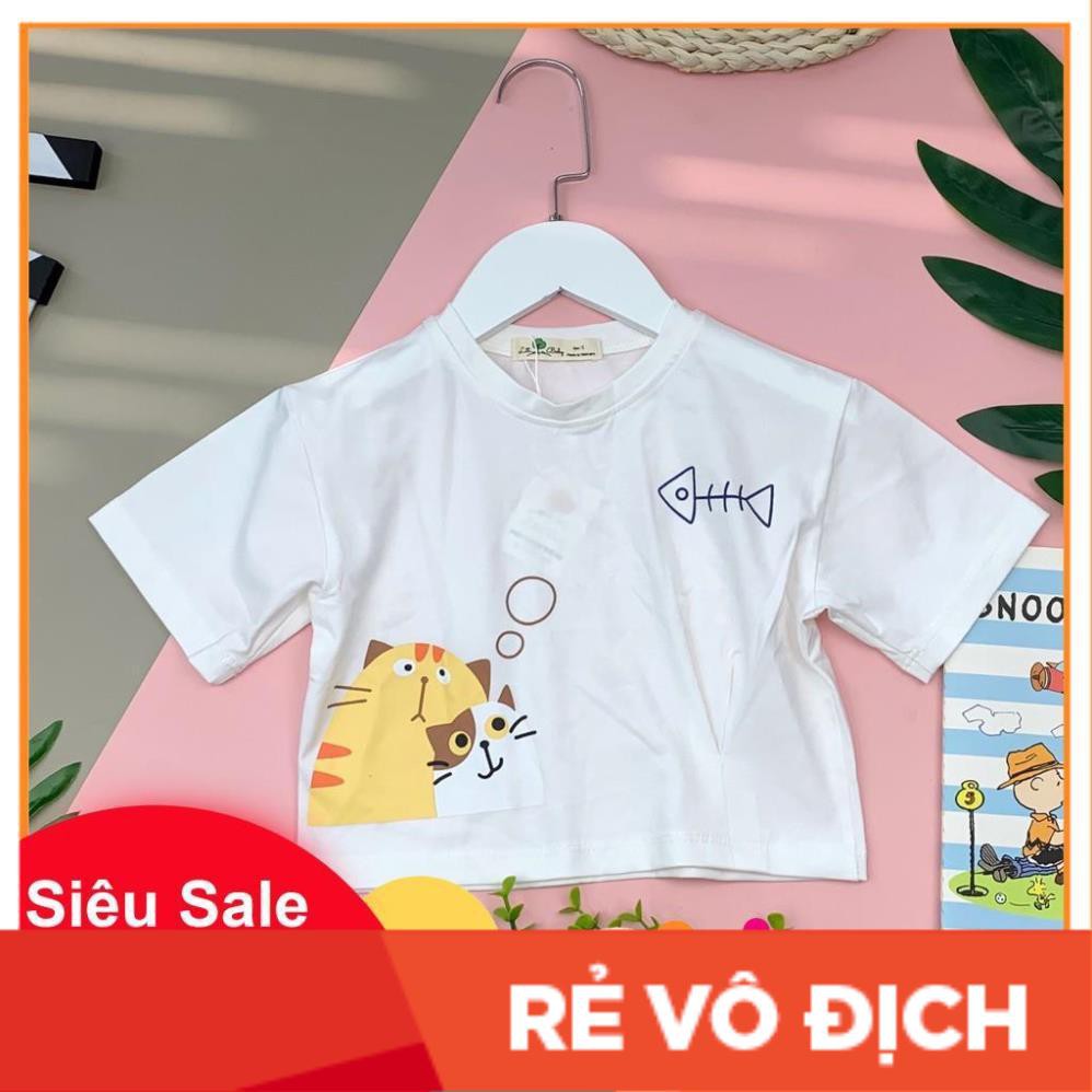 Áo cotton cộc tay dáng ngắn in hình mèo và cá bé gái size 1-8, cho bạn từ 10-25kg. Chất cotton 4 chiều đẹp, co giãn tốt