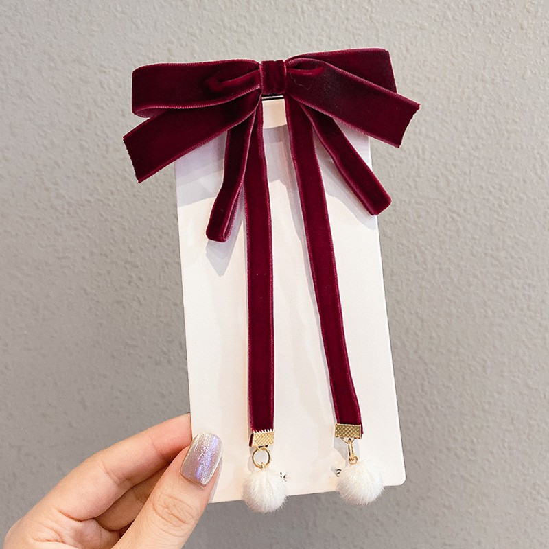 K115 Kẹp tóc nơ bấm vải nhung đính bông tròn