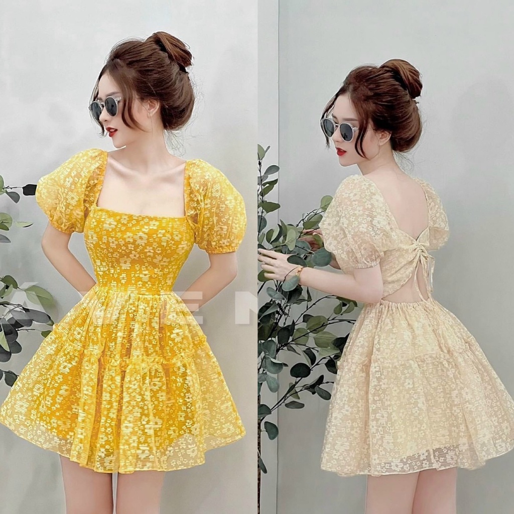 Đầm váy nữ hoa xòe, bồng bềnh khoét lưng cute dành cho các công chúa đi chơi, dự tiệc