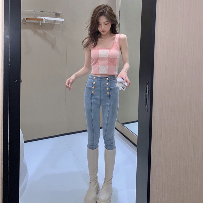 Áo croptop hai dây Xiaozhainv kẻ sọc caro xinh xắn cho nữ