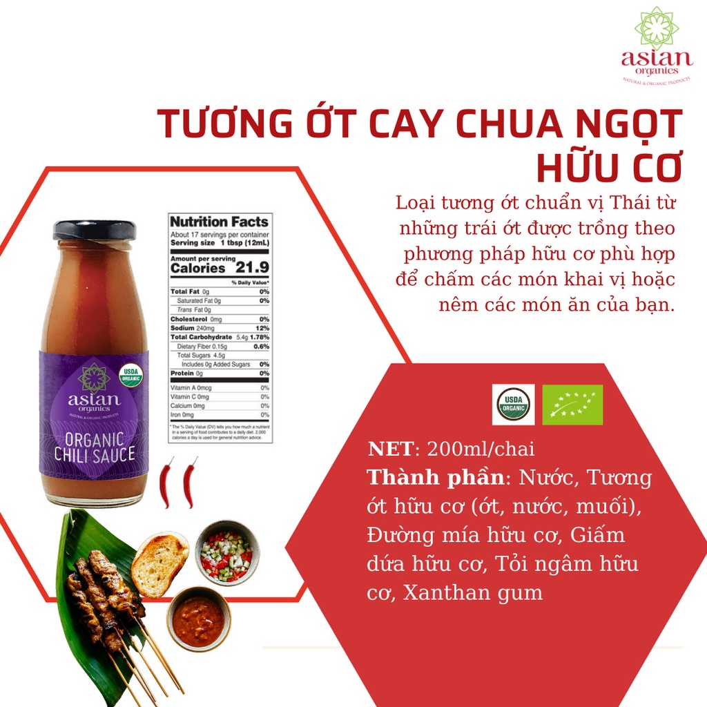 Tương ớt chua ngọt hữu cơ 200gr - Asian Organics
