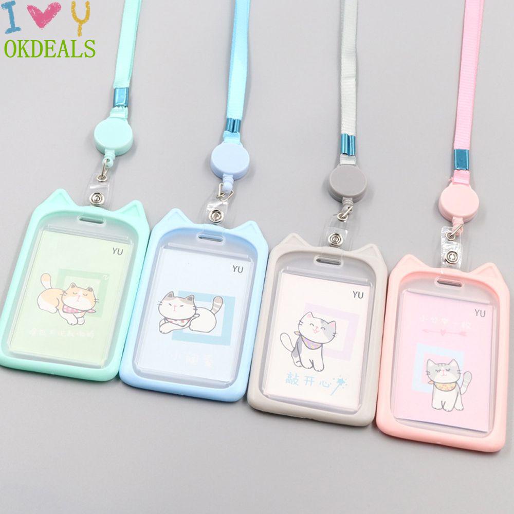 Vỏ bọc thẻ id hình mèo hoạt hình có dây rút dễ thương có thể thu gọn