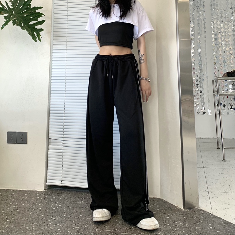 Quần Thể Thao Nữ Ống Rộng Lưng Cao Sọc Ngang Thời Trang Mới