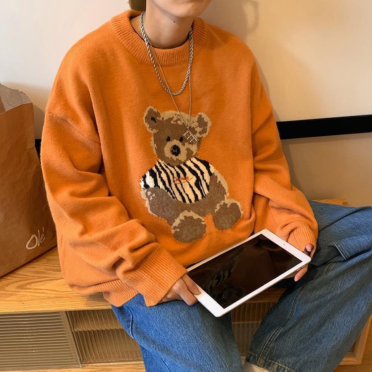 Áo sweater nam cổ tròn dáng rộng hình gấu thời trang thu đông phong cách Hàn Quốc