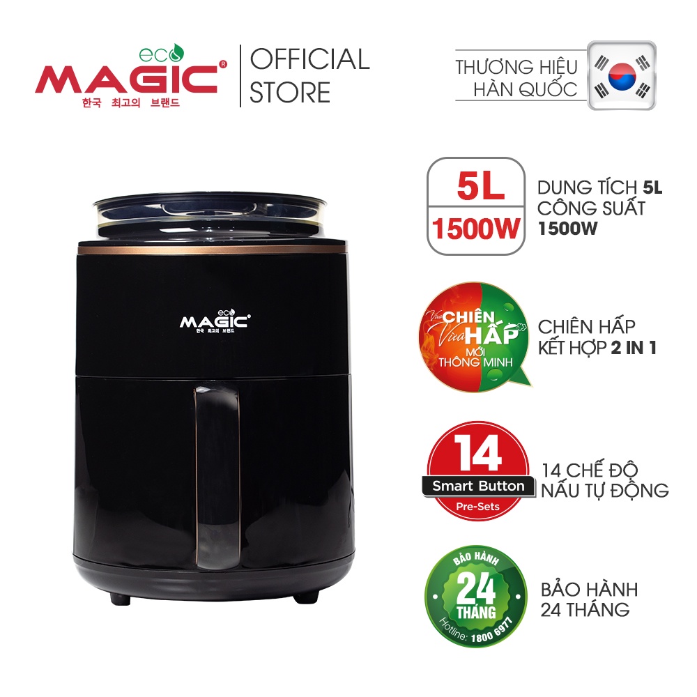 Nồi chiên không dầu kết hợp hấp siêu nhiệt Magic Eco S05 5L cho gia đình 4-6 người,5 chế độ tự động, bảo hành chính hãng