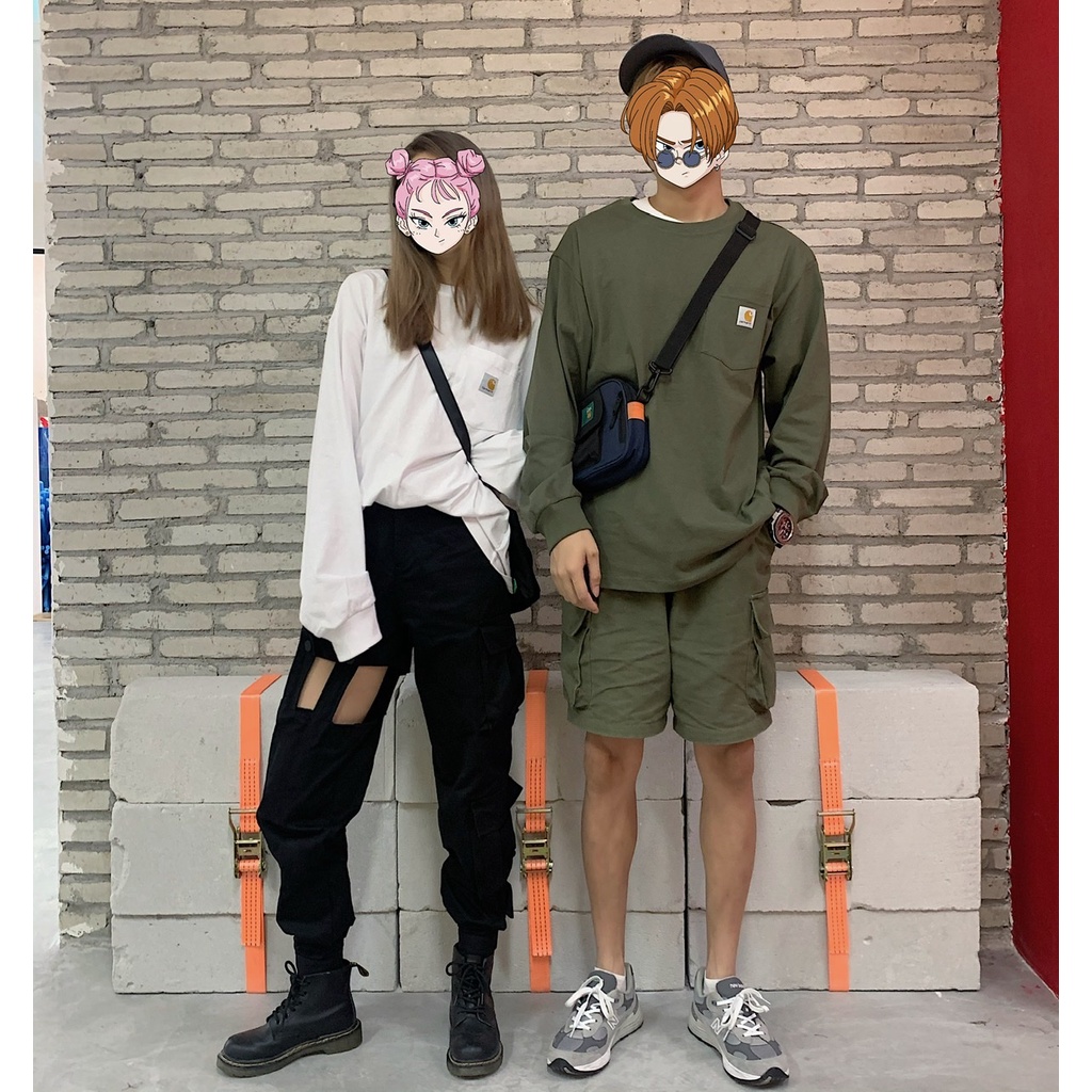 Áo sweater có túi tay dài màu trơn thêu logo Carhartt K87 cho cặp đôi