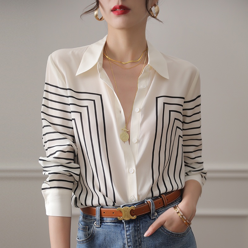 Áo Sơ Mi Lụa Crepe Cao Cấp Tay Dài Dáng Rộng Họa Tiết Kẻ Sọc Phong Cách Mới Thời Trang Thu Đông Cho Nữ