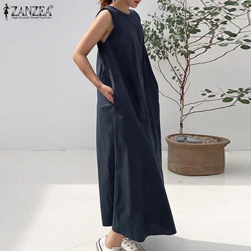 Đầm maxi Zanzea không tay cổ tròn màu trơn sành điệu cho nữ