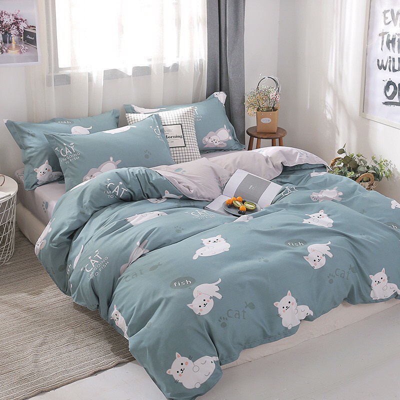 Chăn ga gối Emmibedding chất liệu cotton poly họa tiết mèo xanh ngọc đáng yêu đủ size miễn phí bo chun