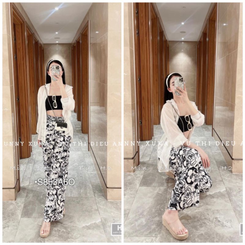 Set 3 món đi biển ,đồ bộ bigsize nữ áo sơ mi trắng dài tay kèm lót 2 dây quần họa tiết ống rộng - S853A6O