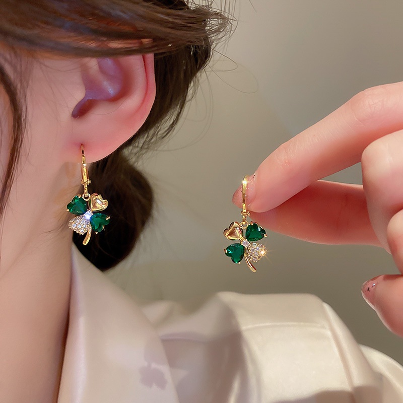 Khuyên Tai Hình Cỏ Bốn Lá Đính Đá zircon Màu Sắc Lấp Lánh Phong Cách Hàn Quốc Cho Nữ