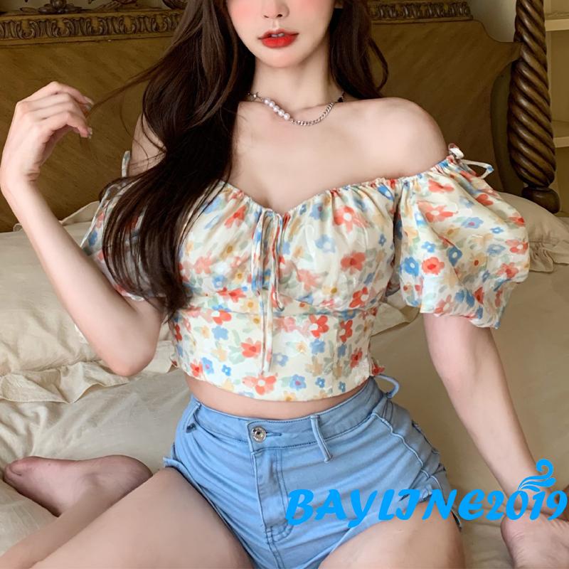 Áo kiểu tay phồng ngắn in họa tiết hoa thời trang cho nữ