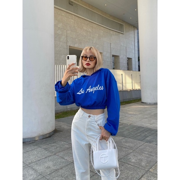 Áo croptop hoodie có mũ chất thun cotton eo bo thun in chữ nổi LA MIEU - JM26