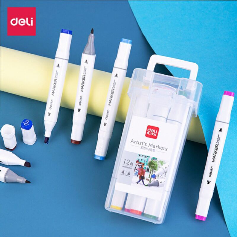 HỘP BÚT 12 MÀU MARKERS 2 ĐẦU CAO CẤP DELI 70801