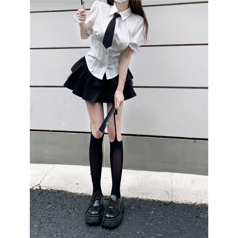 Áo sơ mi chiết eo phong cách preppy + chân váy xoè tầng phối ren lolita quyến rũ
