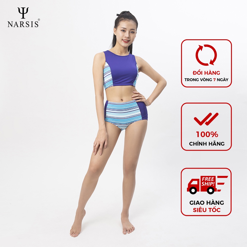 [Mã BMBAU50 giảm 7% đơn 99K] Bộ đồ bơi nữ Narsis A0002 xanh tím ép kẻ xanh