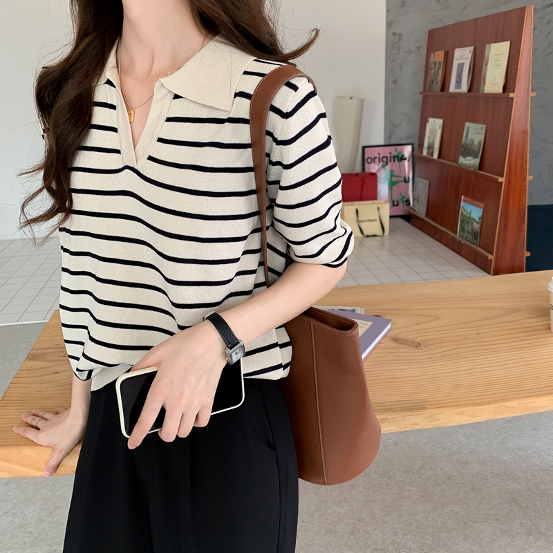 Áo Polo Ngắn Tay Kẻ Sọc Phong Cách Hàn Quốc Xinh Xắn Cho Nữ | BigBuy360 - bigbuy360.vn