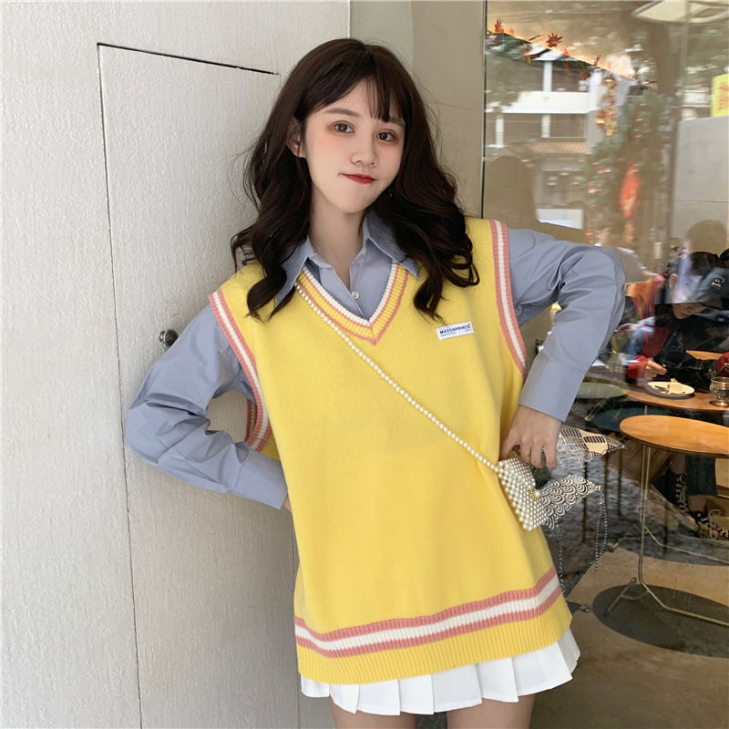 Áo Sweater Dệt Kim Không Tay Cổ Chữ V Thêu Chữ Dáng Rộng Phong Cách Hàn Quốc Cho Nữ Sinh