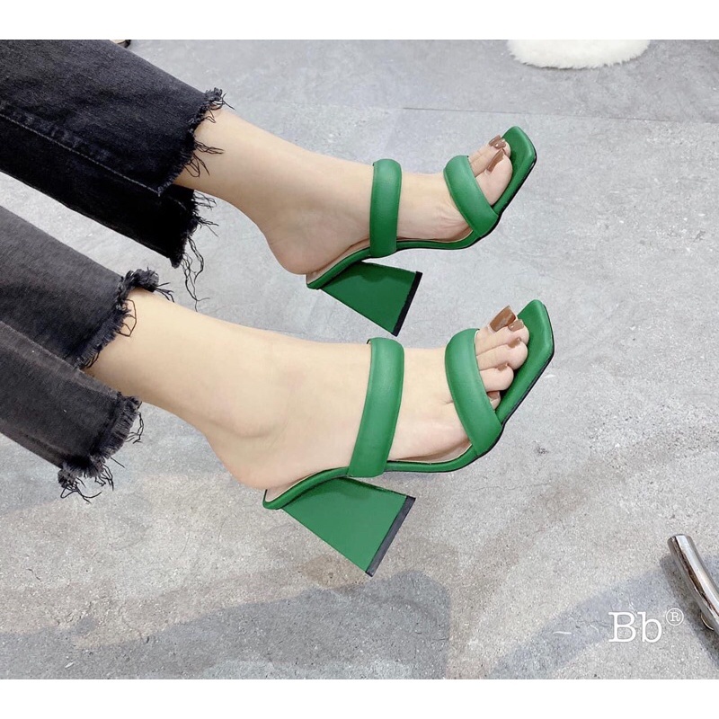 Guốc nữ cao gót 2 quai ngang phồng đế tam giác 9 phân