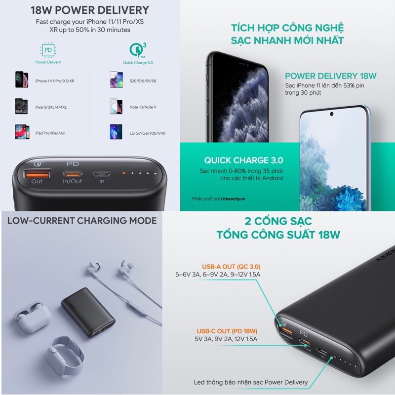 [Mã 267ELSALE hoàn 7% đơn 300K] Pin sạc dự phòng AUKEY PB-Y39 15.000mAh PD 3.0/QC 3.0 18W