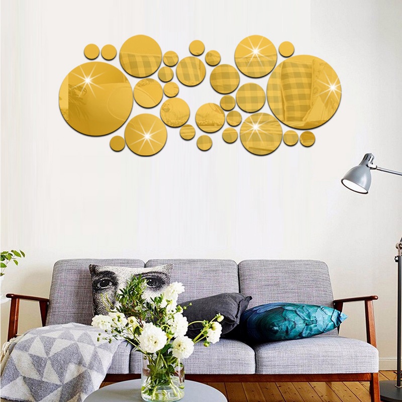 Set 28 Miếng Dán Tường Tráng Gương Họa Tiết Chấm Bi Chất Liệu Acrylic Trang Trí Nhà