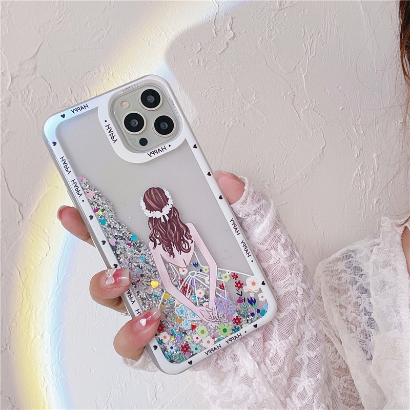 Ốp Điện Thoại Mềm Trong Suốt Phối Kim Tuyến Nước Hình Cô Gái Tóc Dài Cho iPhone 13 Pro MAX 12 11 Pro MAX XS MAX XR X 6 7+8 Plus