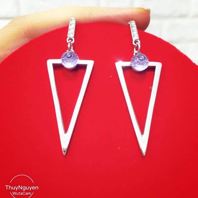 Khuyên tai tam giác kiểu dáng hiện đại bạc thật xi kim đá tím nhân tạo