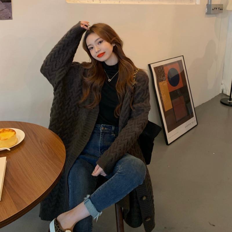 Áo Khoác Cardigan Dệt Kim Dày Dáng Dài Qua Gối Phong Cách Hàn Quốc Thời Trang Thu Đông Cho Nữ