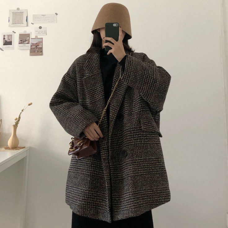 Áo khoác dạ 2 cúc form rộng hàng quảng châu, Áo blazer túi nắp chất dạ ULLZANG