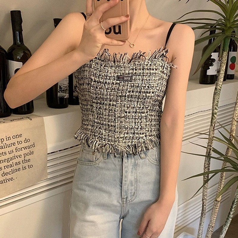 Áo Croptop Không Tay Có Mút Đệm Phối Tua Rua Thời Trang Hàn Quốc Cho Nữ