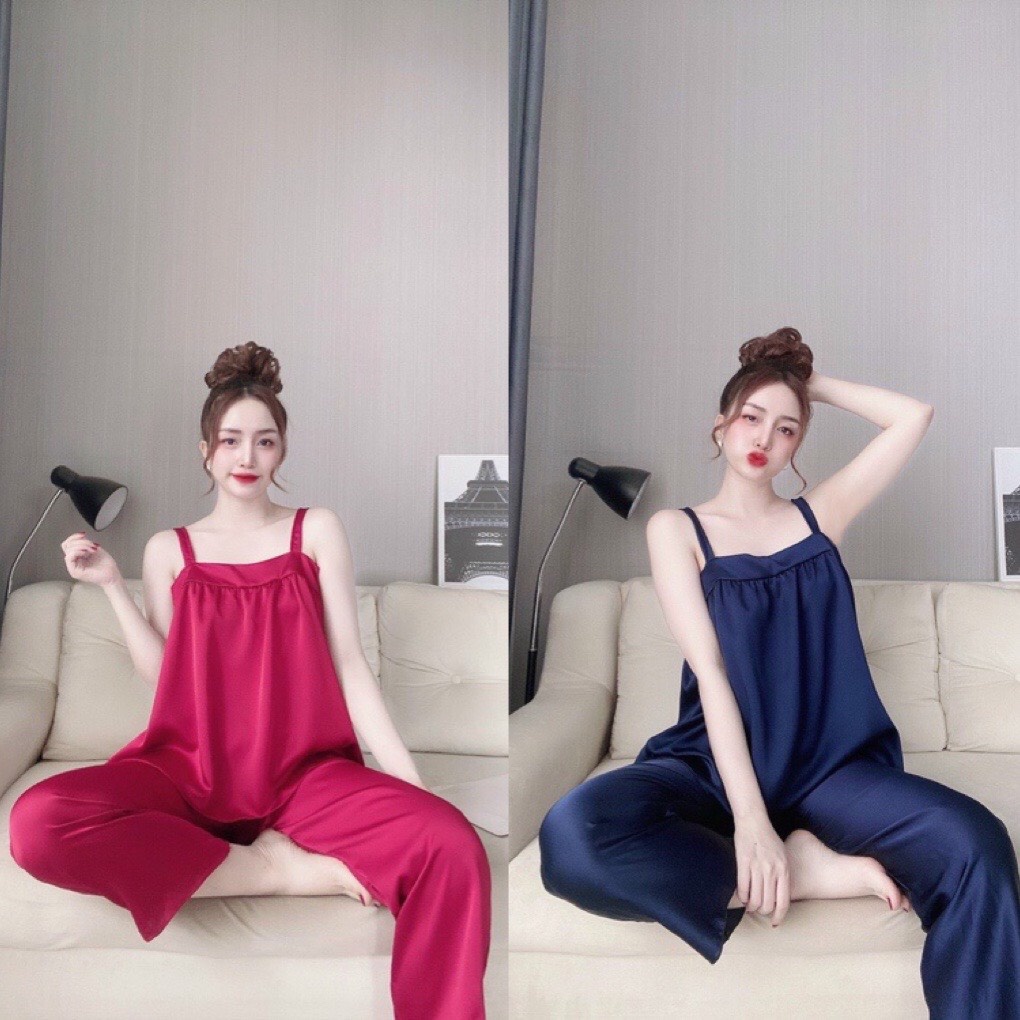 Độ ngủ tiểu thư chất lụa mềm mại 🌿 quần dài áo 2 dây bản to bo ngực xinh xắn 🌿