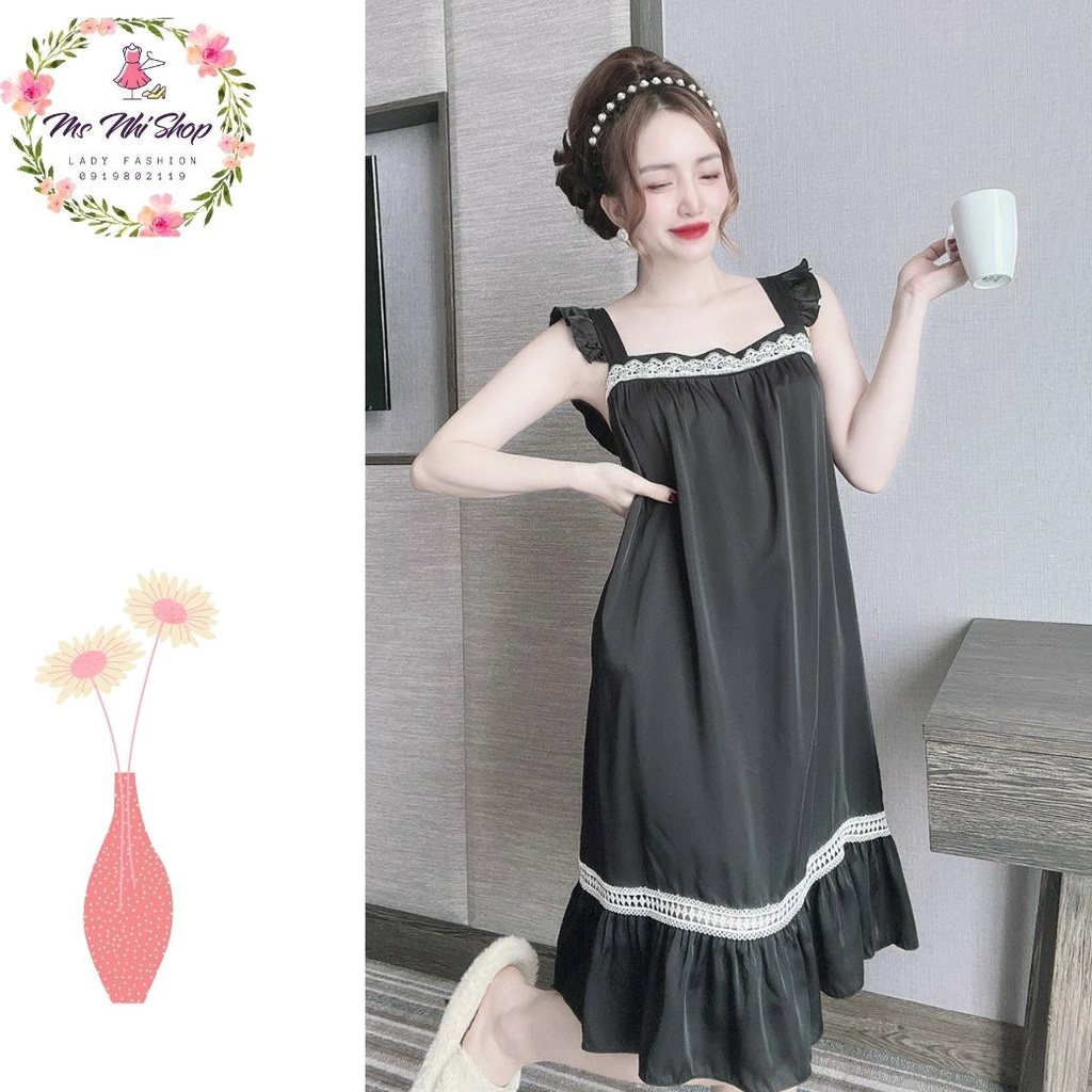 Đầm ngủ lụa latin, cổ vuông phối ren tay cánh tiên quyến rũ
