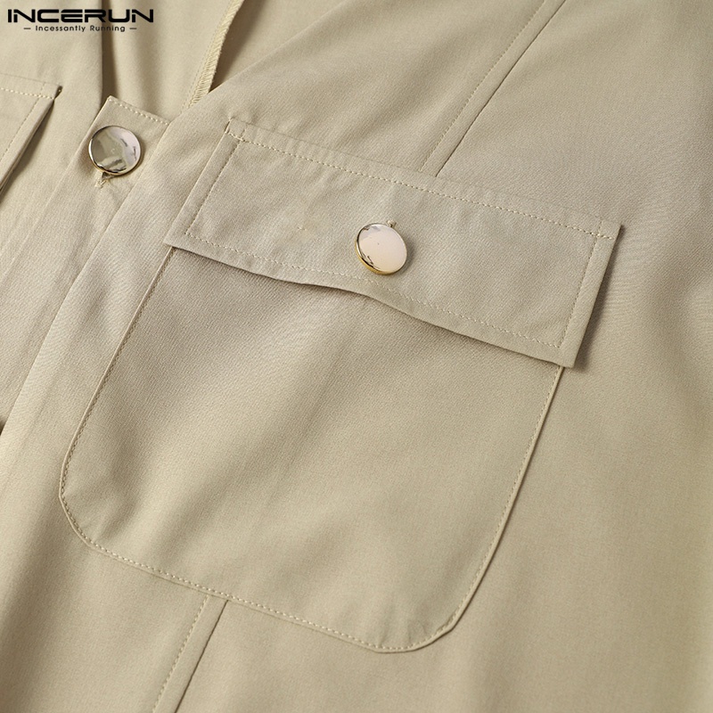 Áo liền quần INCERUN ngắn tay cổ chữ V màu trơn phối hàng nút thời trang cho nam