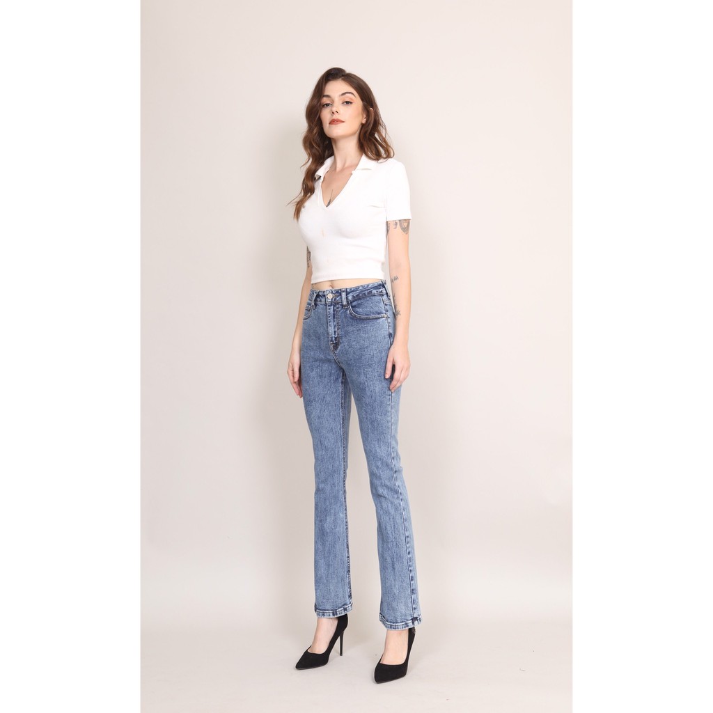 Quần Jean Nữ Ống Loe xanh đá Lưng Cao Co Giãn Trơn  Gấu Thường  CT Jeans