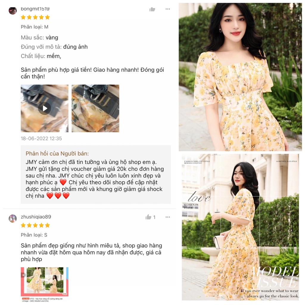 V113 Váy hoa vàng cổ vuông dáng dài vintage -  Modish and Chic