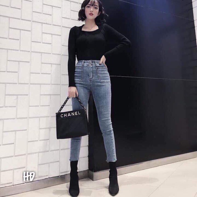 Quần bò cạp cao 2 khóa chất vải đẹp phong cách Hàn Quốc F02