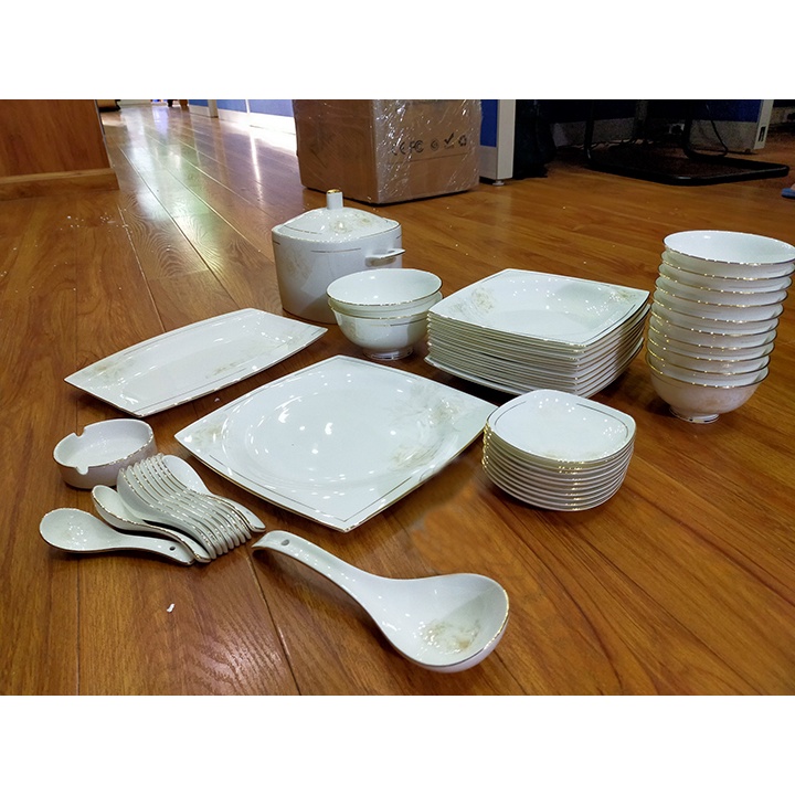 Bộ Bát Đĩa Sứ Xương Trắng Viền Vàng Hoa Hồng 57 Món BD13