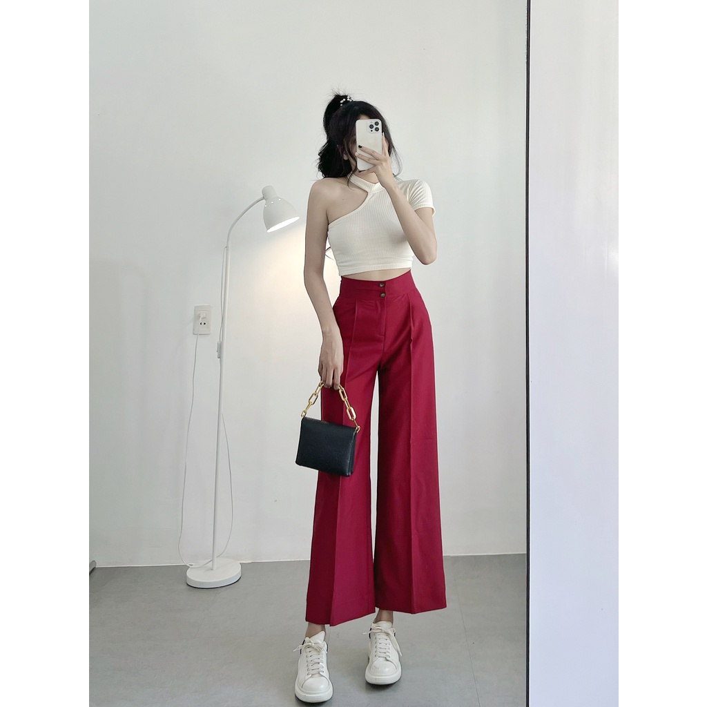 Quần Culottes nữ ống rộng HHVINTAGE kiểu 2 nút cotton lạnh co giãn Pant B01