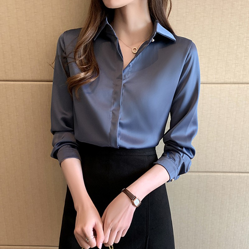Áo Sơ Mi Công Sở Tay Dài Vải Satin Màu Trắng/Xanh Dương Kiểu Hàn Quốc Thanh Lịch Cho Nữ
