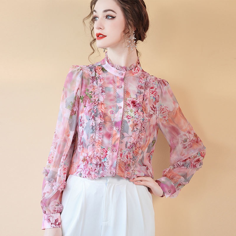 Áo Sơ Mi Tay Dài Họa Tiết Hoa Phong Cách Retro Pháp Sang Trọng