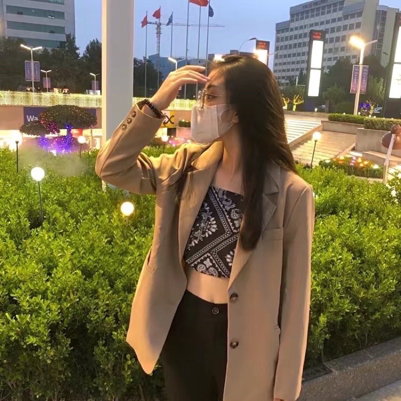 Áo blazer nữ nâu tây /be sữa quảng châu 2 lớp có đệm vai mẫu mới