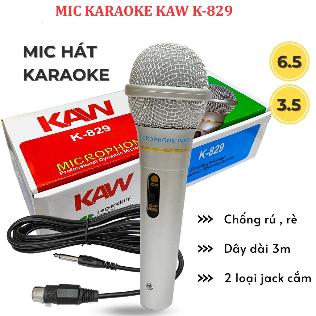 Mic hát Karaoke chuyên nghiệp, Micro có Dây 3 mét rưỡi KAW K-829 nhập khẩu cho âm li loa kẹo kéo chính hãng