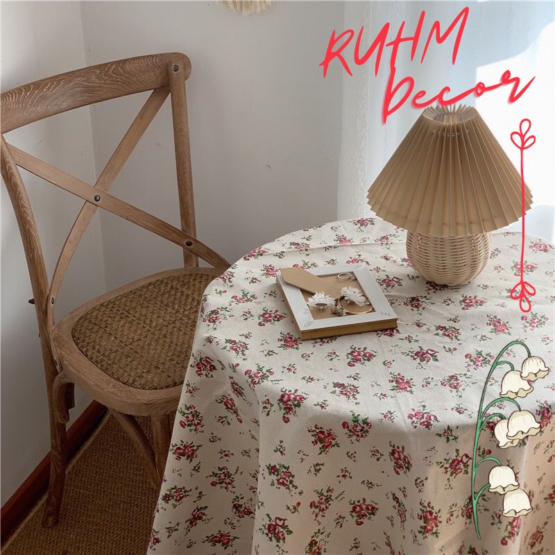 Khăn phủ bàn vải bố linen trang trí nhà cửa cực đẹp, giá tốt - họa tiết Hoa hồng tím lá xanh - KB-A09