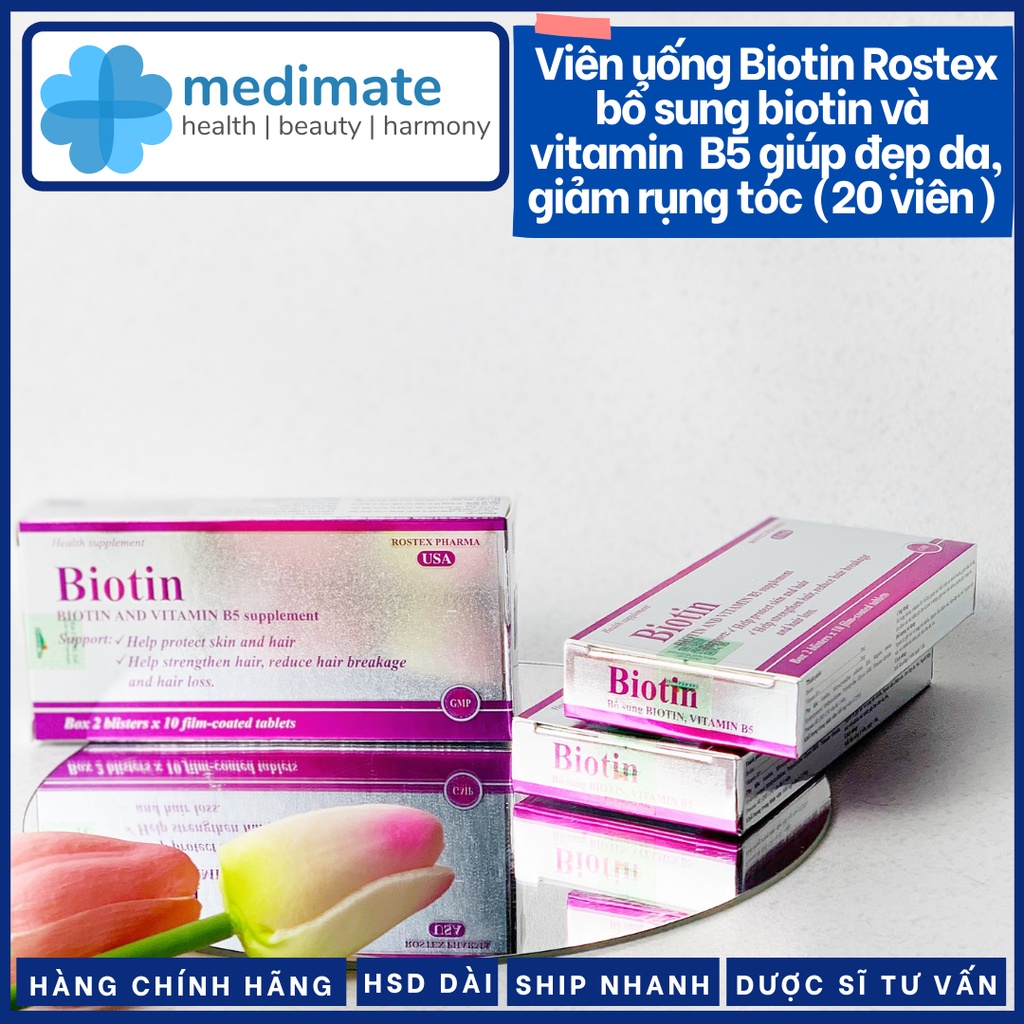 Biotin Rostex viên uống bổ sung biotin và vitamin B5 giúp đẹp da, da mịn màng, tóc dày bóng, móng chắc khỏe (20 viên)